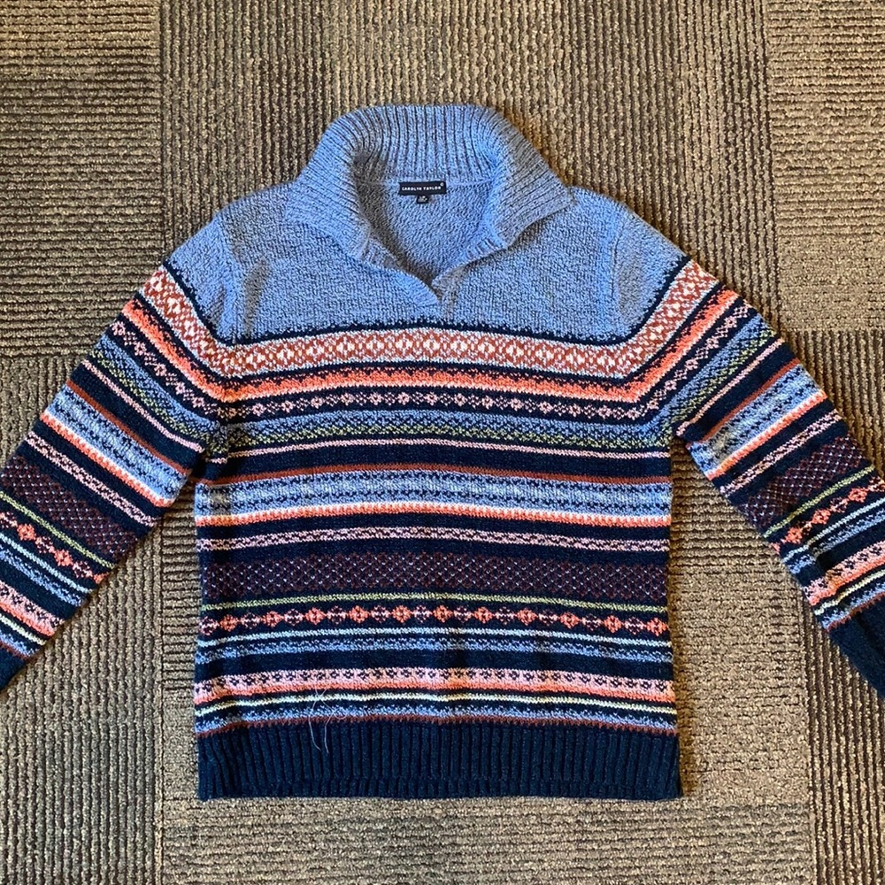 Blue striped tribal print sweater, size L